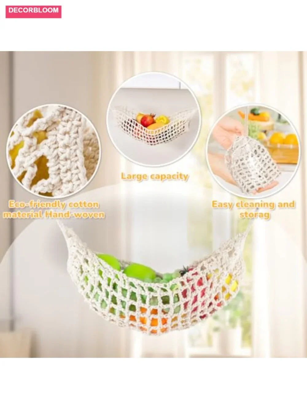 Hanging Fruit Hammock Basket Macrame Hand-Woven Produce Vegetable Storage with